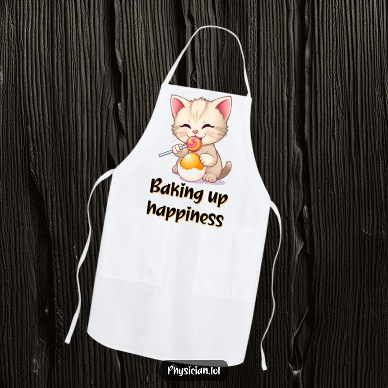 Funny kitten wearing an apron, prescribing a lollipop to an egg, bringing cute humor to cooking or baking.