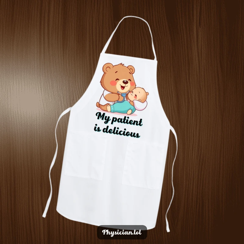 Funny apron showing a happy bear gently examining a patient with a stethoscope, ideal for kitchen humor and protection.