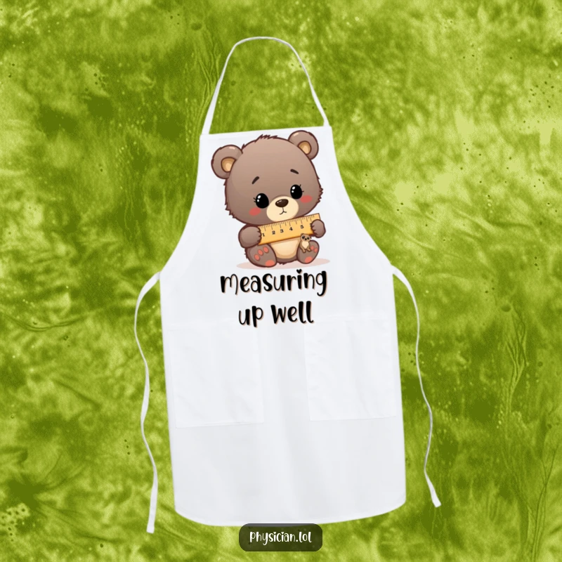 Funny apron depicting a bear cub doctor comically measuring with an oversized ruler, ideal for kitchen humor.
