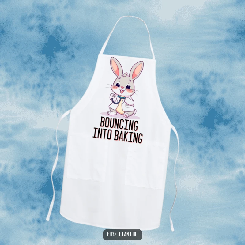 Funny apron featuring a cheerful bunny doctor examining a patient with a stethoscope, adding humor to kitchen duties.