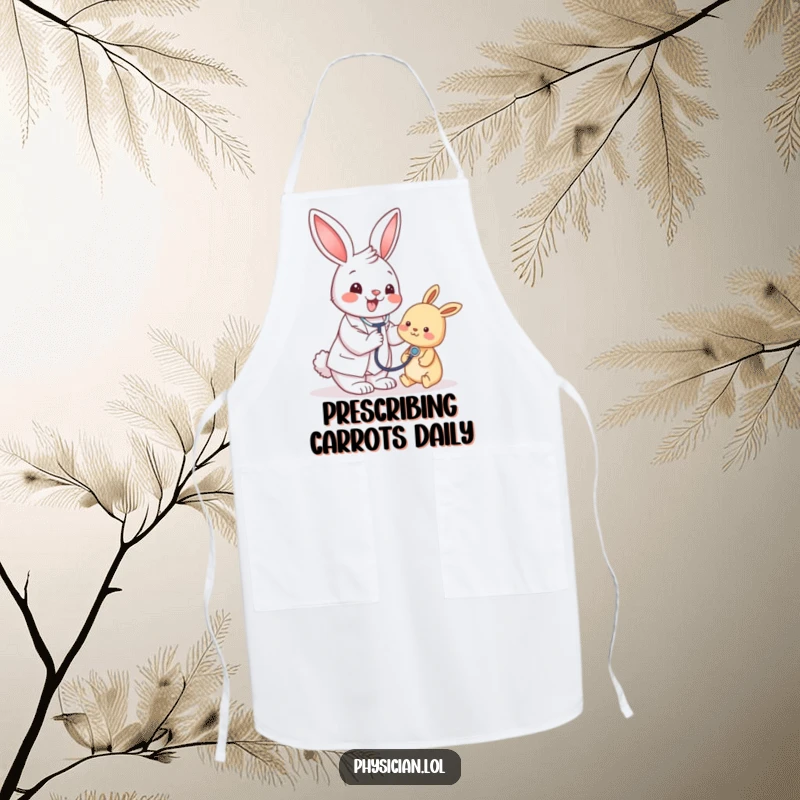 Funny bunny doctor apron, ready to cook or serve, stethoscope in place, ideal kitchen accessory for laughs.