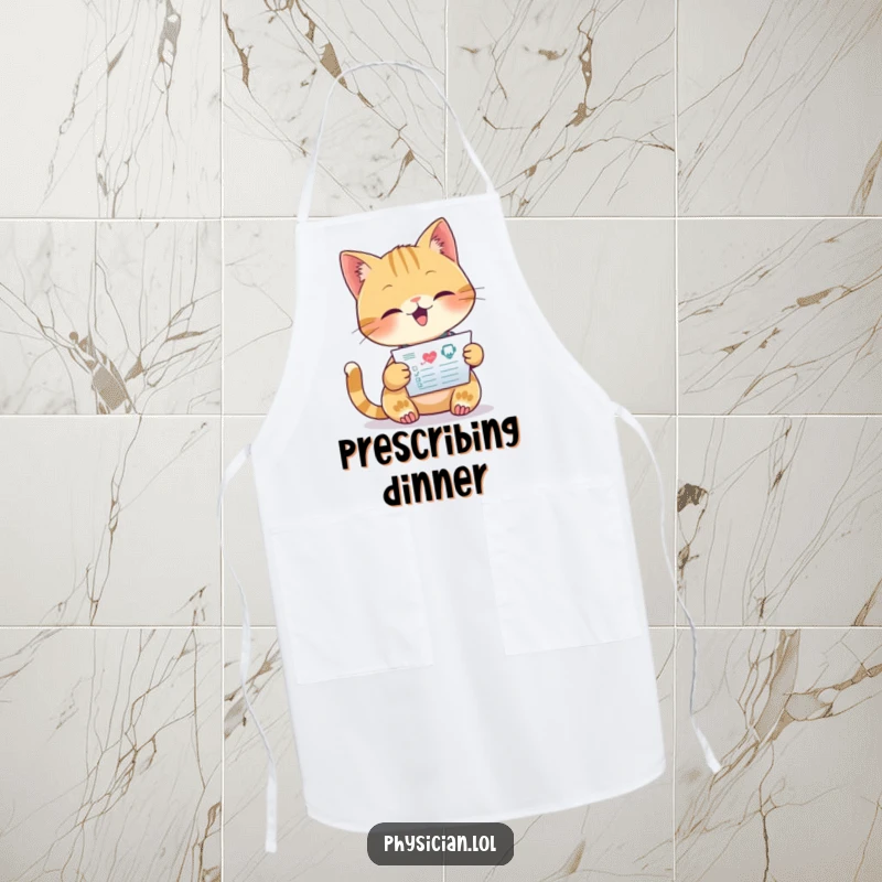Funny apron depicting a beaming cat doctor intently reading a medical chart, bringing humorous medical insight to cooking.