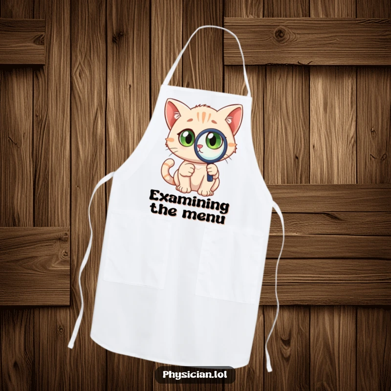 Funny Detective Cat Apron showing a curious cat with wide eyes holding a magnifying glass, adding a humorous touch to cooking.