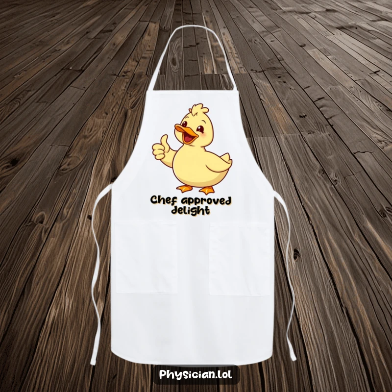 Funny apron showing a delighted duck with a smile giving a thumbs up, ideal for a humorous and cheerful cooking or baking experience.