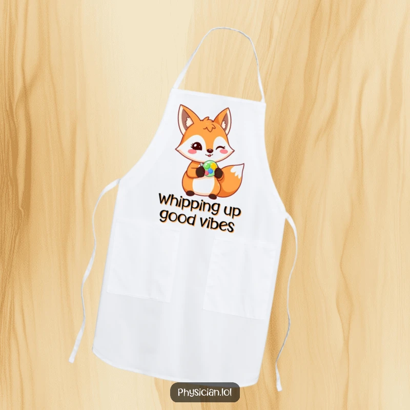 Funny fox apron, cheerful fox prescribing a colorful pill with a wink, kitchen wear, humorous animal graphic.