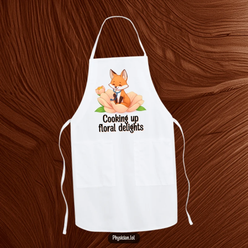 Funny fox wearing an apron, listening to a giant flower with a stethoscope, bringing nature humor to cooking or gardening.