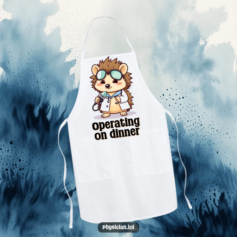 Funny hedgehog doctor apron featuring a cute hedgehog in medical attire, ready for kitchen duties, a charming and humorous funny gift.