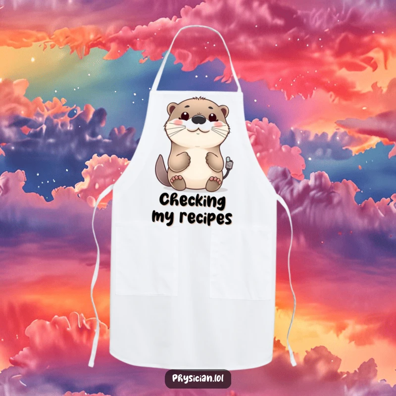 Funny cheerful otter apron, cooking, checking a pulse, friendly nod, happy and humorous kitchen wear.