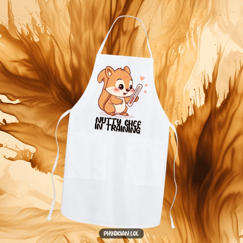 Funny squirrel apron, a chef squirrel checks temperature with a thermometer, a humorous kitchen accessory for cooks.