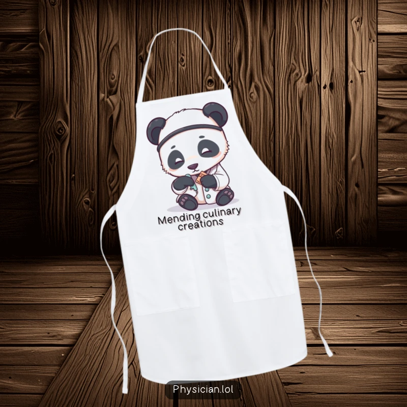 Funny apron featuring a panda doctor gently applying a small bandage, adding humor and gentle care to culinary duties.