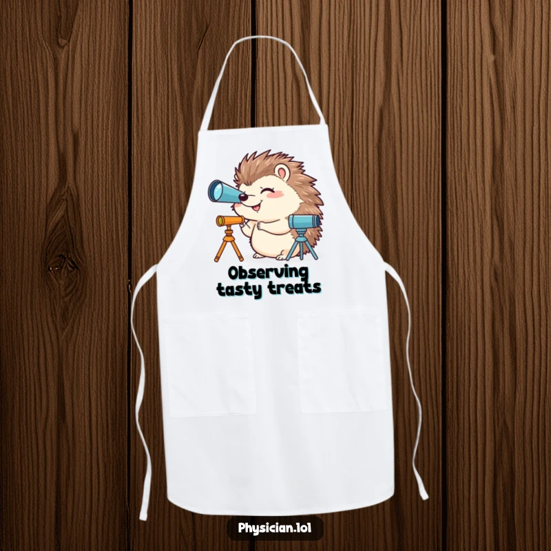 Funny apron showing a giggling hedgehog using a miniature telescope, ideal for a humorous and cosmic cooking or baking experience.
