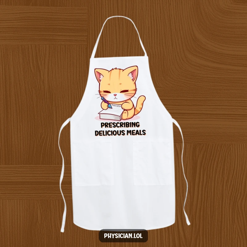 Funny Apron: A humorous cooking accessory with a determined cat writing a prescription, for chefs who appreciate focus and feline flair.