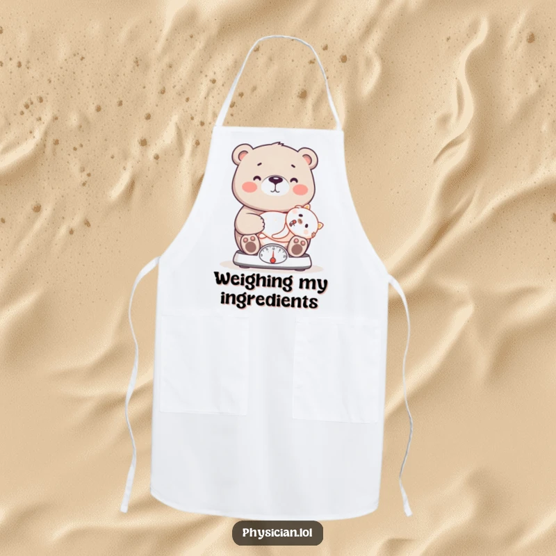Funny bear apron showing a proud bear doctor weighing a patient on a scale, practical for kitchen use and fun.