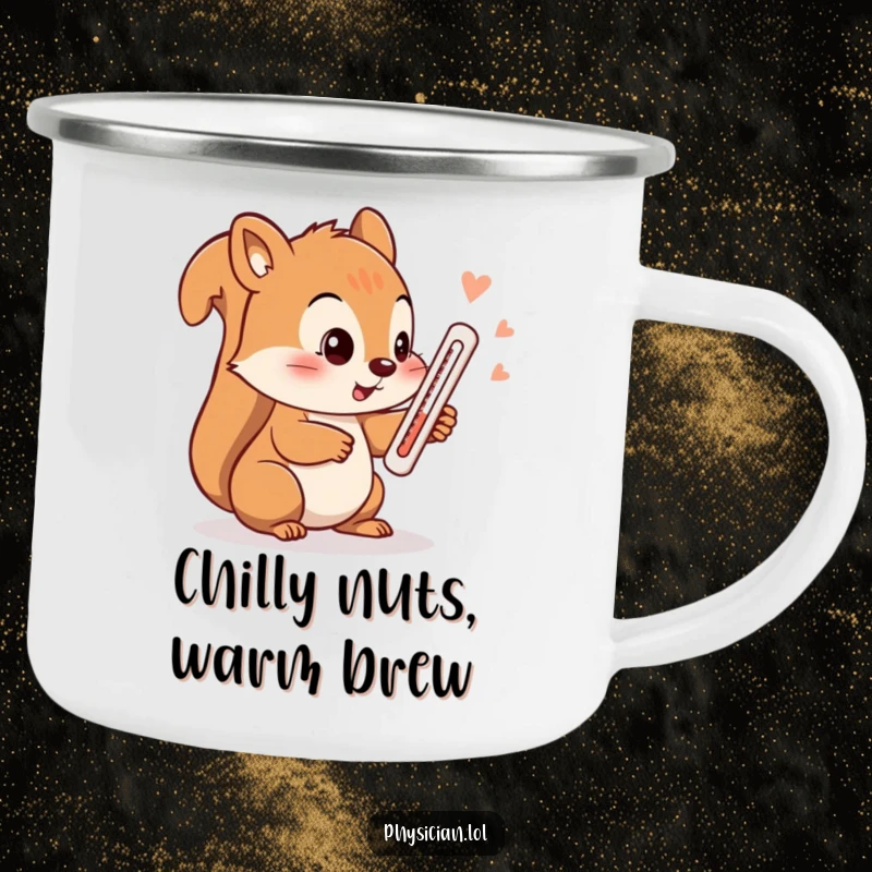 Funny squirrel camping mug, a durable mug featuring a squirrel checking temp with a thermometer, for outdoor fun.