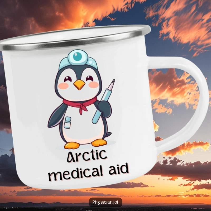 Funny proud penguin camping mug: a rugged mug with a penguin doctor holding a medical instrument, symbolizing outdoor care.