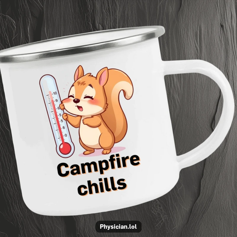 Funny camping mug with a flustered squirrel attempting to use a giant thermometer, perfect for outdoor lovers needing a humorous pick-me-up.