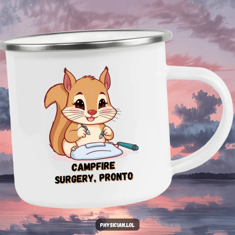 Funny squirrel surgeon camping mug, sturdy and ready for any operation, a humorous companion for outdoor adventures.
