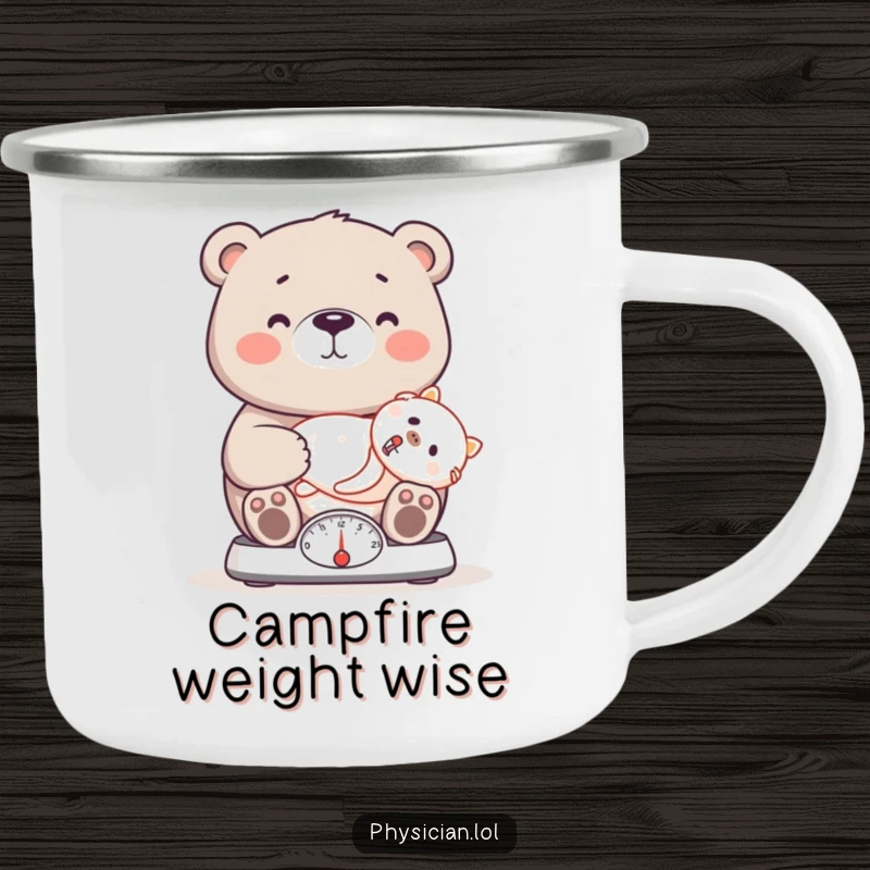 Funny bear camping mug showing a proud bear doctor weighing a patient on a scale, perfect for enjoying drinks outdoors.