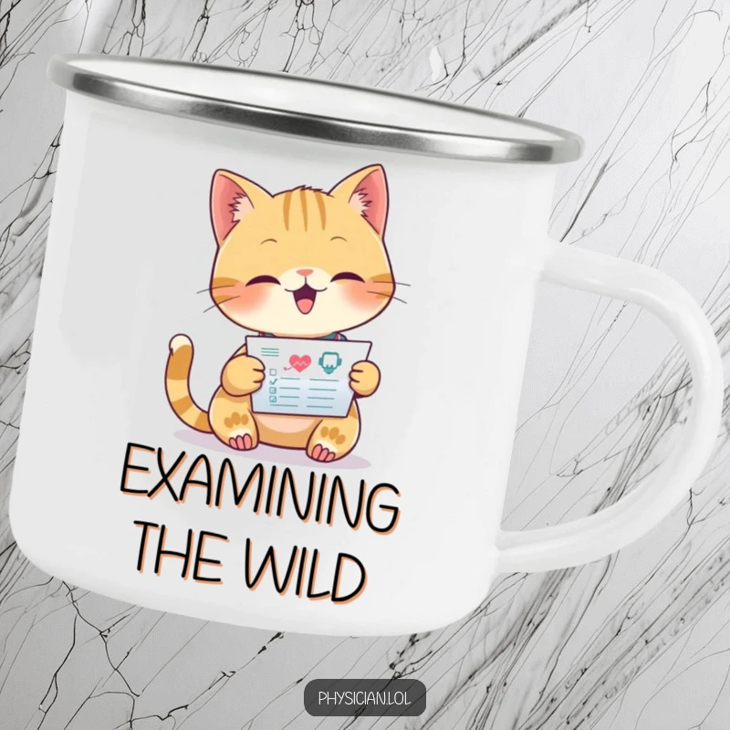 Funny camping mug with a beaming cat doctor focused on reading a medical chart, bringing medical humor to the outdoors.