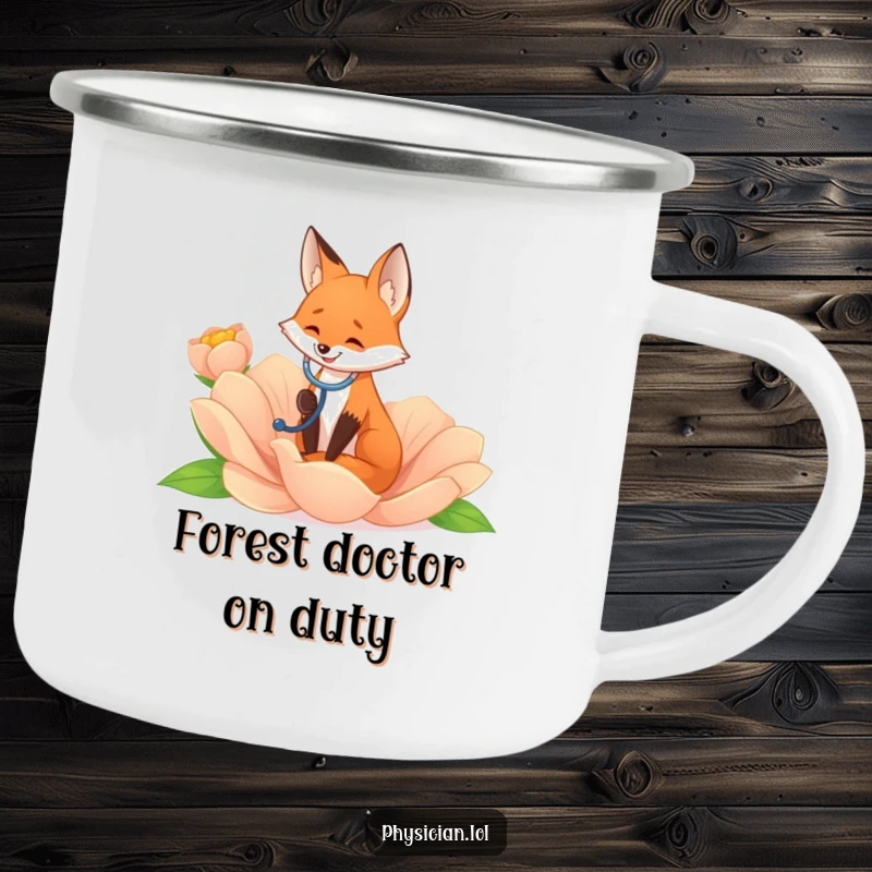 Funny fox listening to a giant flower with a stethoscope, featured on a camping mug for outdoor enjoyment.