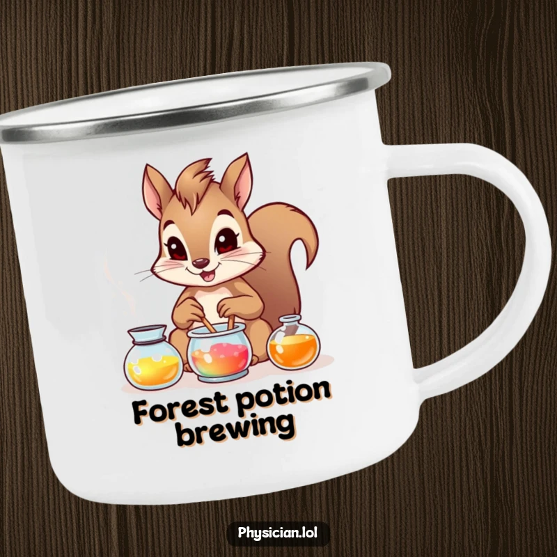Funny brave squirrel making a potion on a camping trip, depicted on a rugged, enamel camping mug.