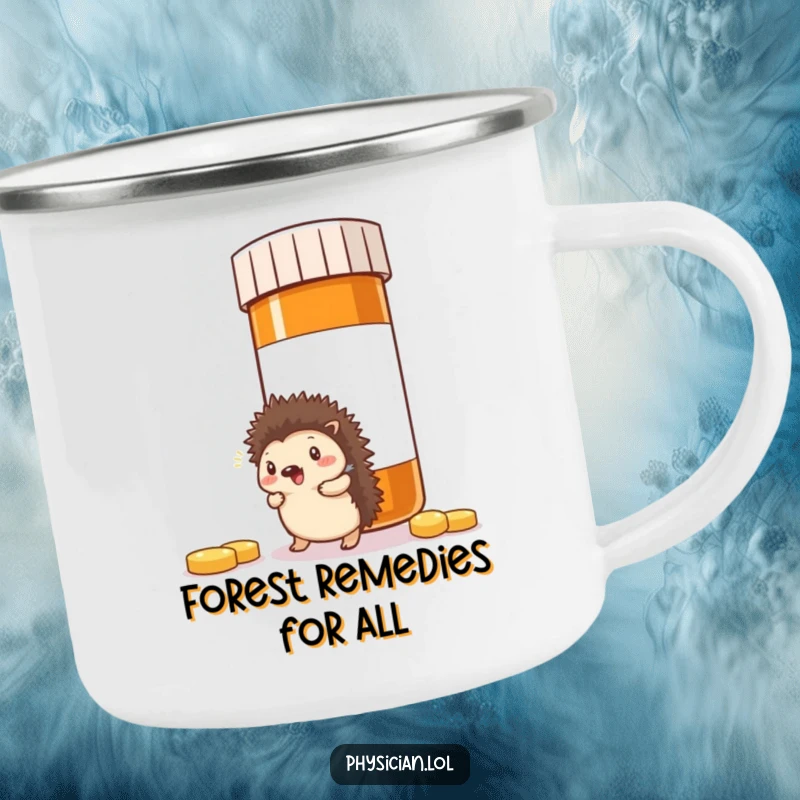Funny Hedgehog Campfire Mug: Humorous hedgehog bumping into a giant pill bottle, designed for outdoor use and adding laughter to camping trips.