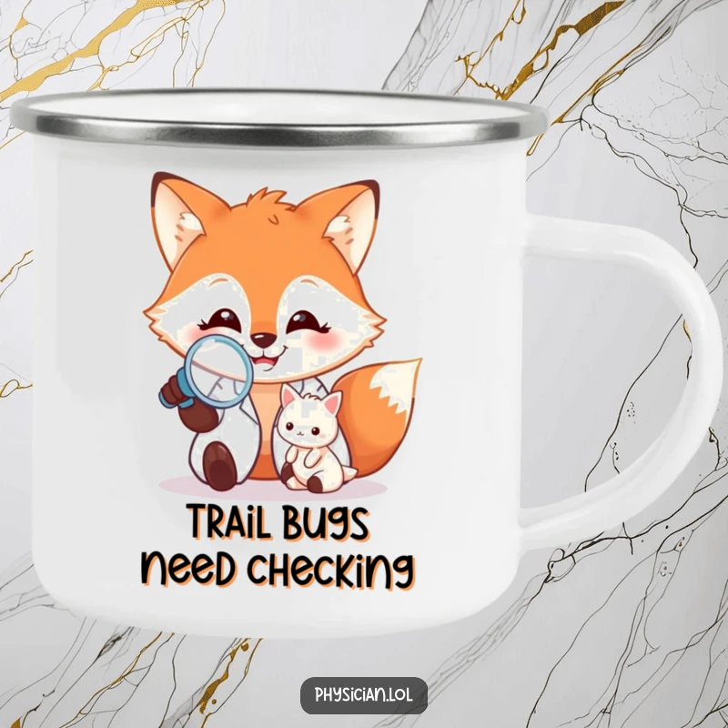 Funny Camping Mug: Durable enamel mug with a happy fox doctor examining a tiny patient, for adventurous, humorous sipping.