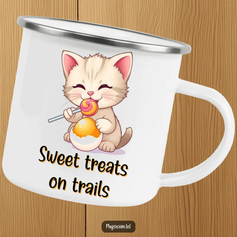 Funny kitten offering a lollipop to an egg, featured on a camping mug, for sweet outdoor moments.