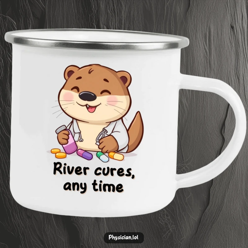 Funny otter doctor camping mug, sturdy and ready for adventure, holding colorful pills, a humorous outdoor companion.
