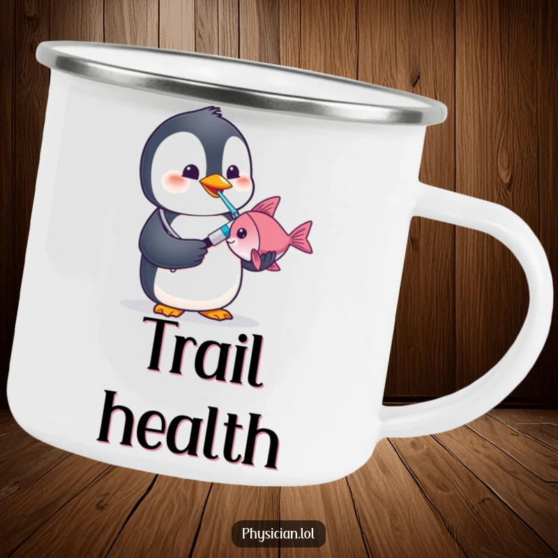 Funny penguin doctor camping mug showing a penguin checking a fish's temperature, perfect for outdoor health checks.
