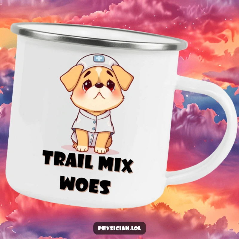 Funny scared dog camping mug, a small dog in a patient gown, looking unsure, enamel for outdoor use.