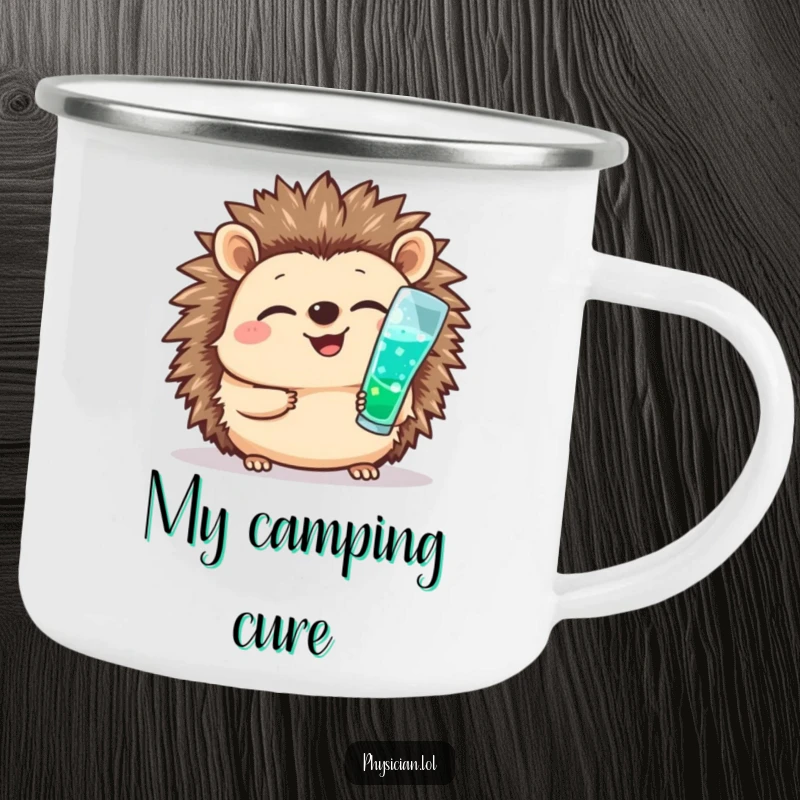 Funny camping mug with a giggling hedgehog nurse cheerfully giving a shot, bringing cute medical humor to the great outdoors.