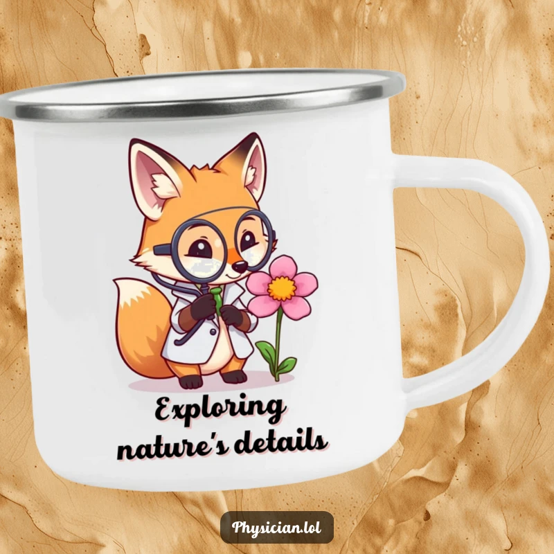 Funny camping mug with a fox doctor thoughtfully examining a flower with a magnifying glass, bringing humor and intellectual curiosity to outdoor trips.