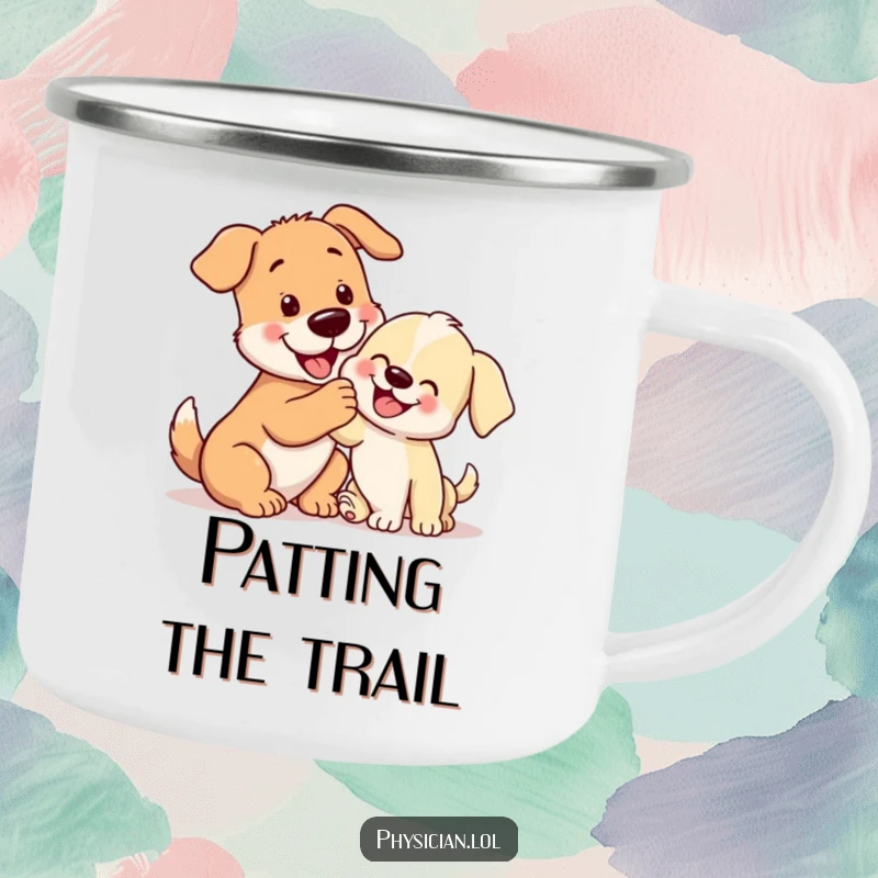 Funny playful dog patting a happy puppy, ready for an adventure, a humorous camping mug.