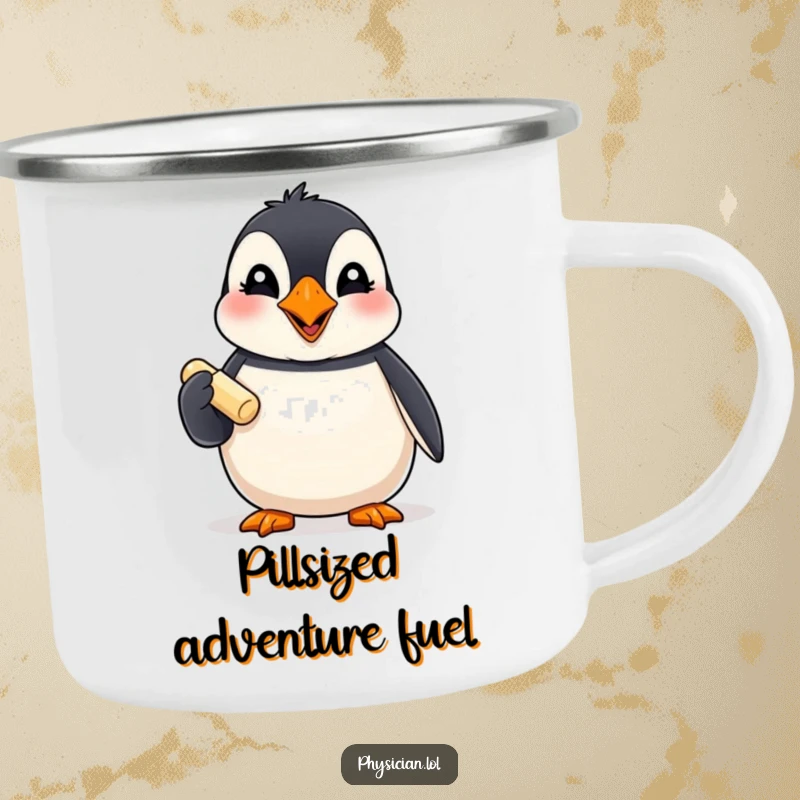 Funny Puffin Camping Mug: A giggling puffin hands over a pill, bringing humor to outdoor drinking experiences.
