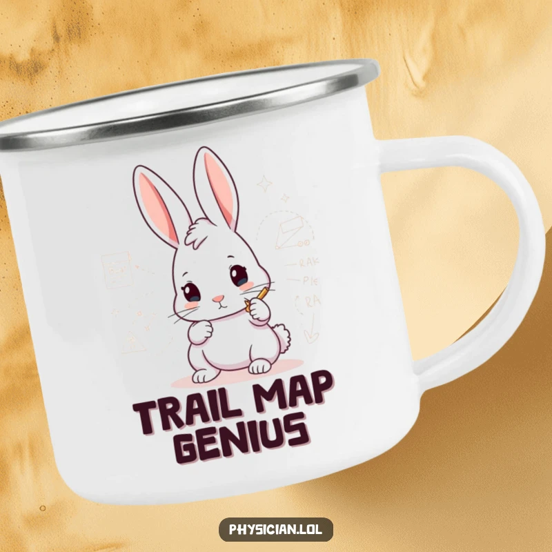 Funny Rabbit Architect Camping Mug with a determined rabbit drawing a complex diagram, perfect for outdoor planning.