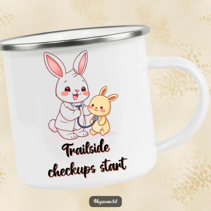 Funny bunny doctor camping mug, sturdy and portable, ready for coffee in the great outdoors, a humorous companion.