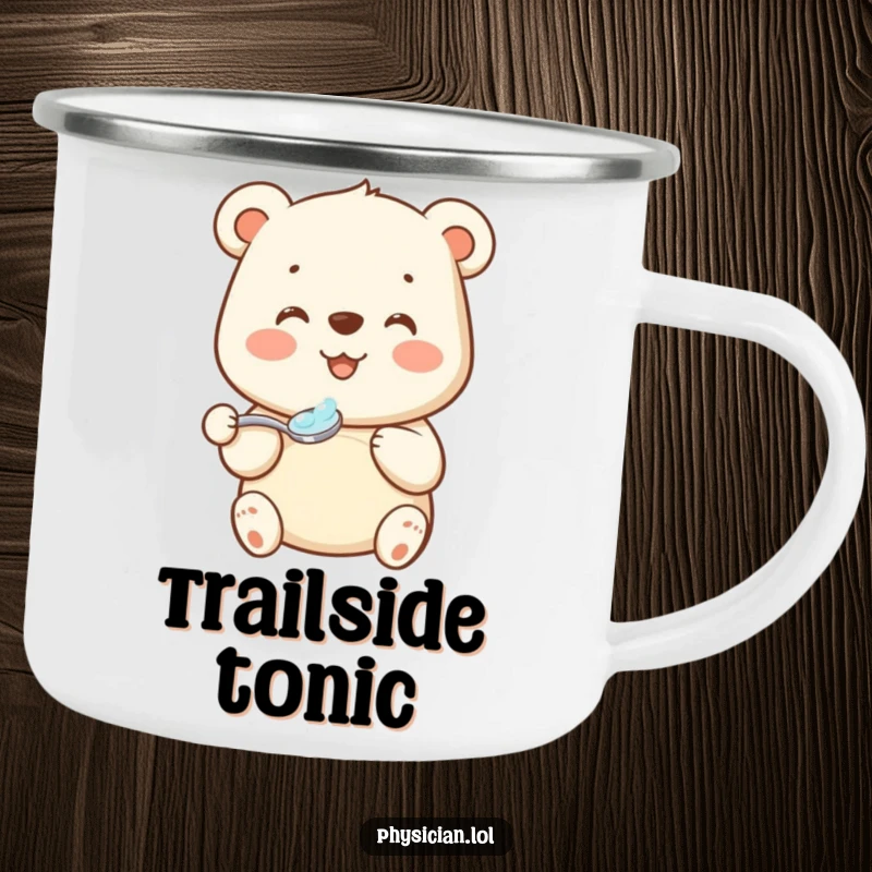 Funny bear medicine camping mug with a beaming bear offering a spoonful of medicine, perfect for outdoor adventures and cheerful sips.