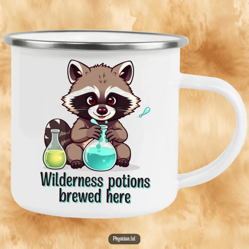 Funny Raccoon Campfire Mug: Humorous raccoon brewing a potion, designed for outdoor use and adding laughter to camping trips.