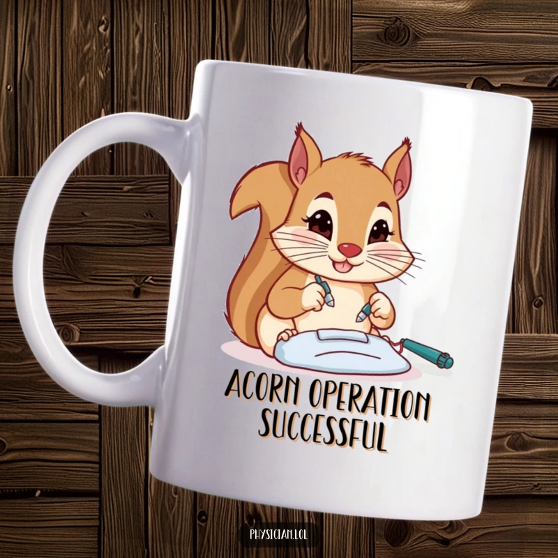 Funny determined squirrel surgeon, focused on a tiny operation, a humorous mug celebrating precision and laughs.