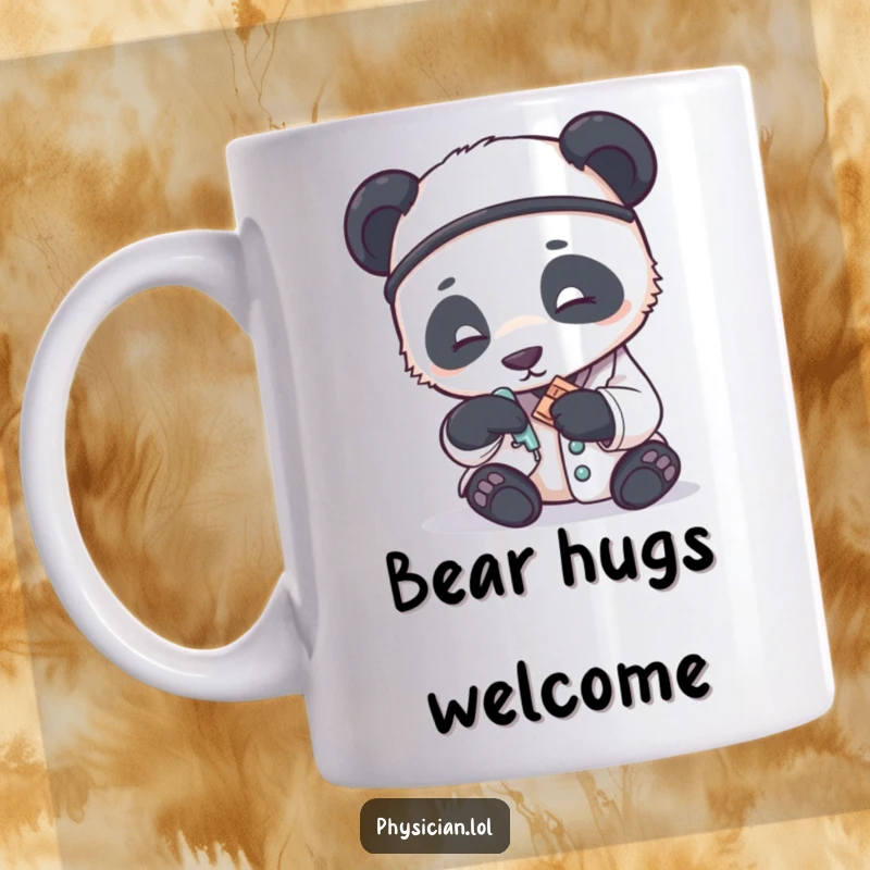 Funny mug depicting a panda doctor carefully applying a small bandage to a patient, showcasing gentle and humorous medical attention.