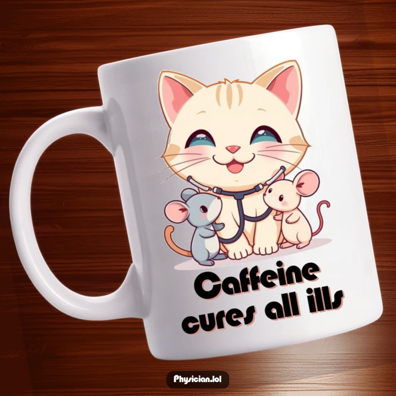 Funny Cat Doctor Mug: A smiling cat in a stethoscope listens to a toy mouse. This humorous mug celebrates care, perfect for a funny gift.