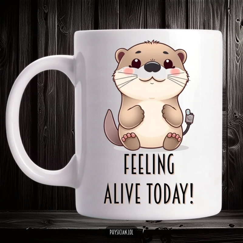 Funny cheerful otter mug, checking a pulse with a stethoscope, friendly nod, medical humor theme, happy and kind.