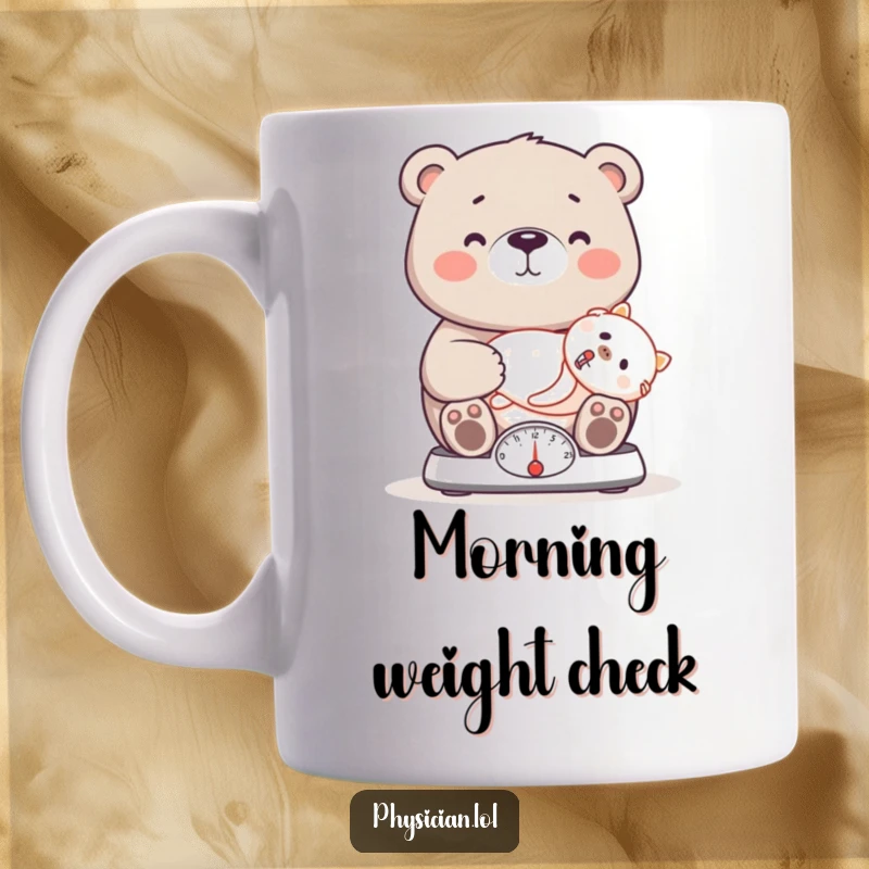 Funny bear mug featuring a proud bear acting as a doctor, weighing a patient on a scale, with a caring expression.