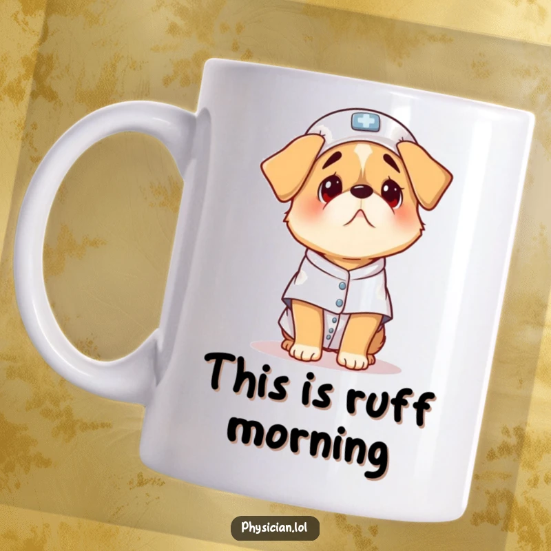 Funny patient gown dog mug, a scared puppy with big eyes looking confused, ideal for vet appreciation gifts or pet owner humor.
