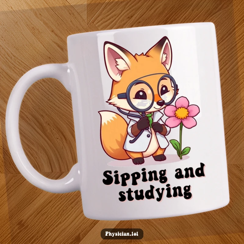 Funny mug showing a fox doctor using a magnifying glass to thoughtfully examine a flower, embodying intelligent and humorous scientific curiosity.