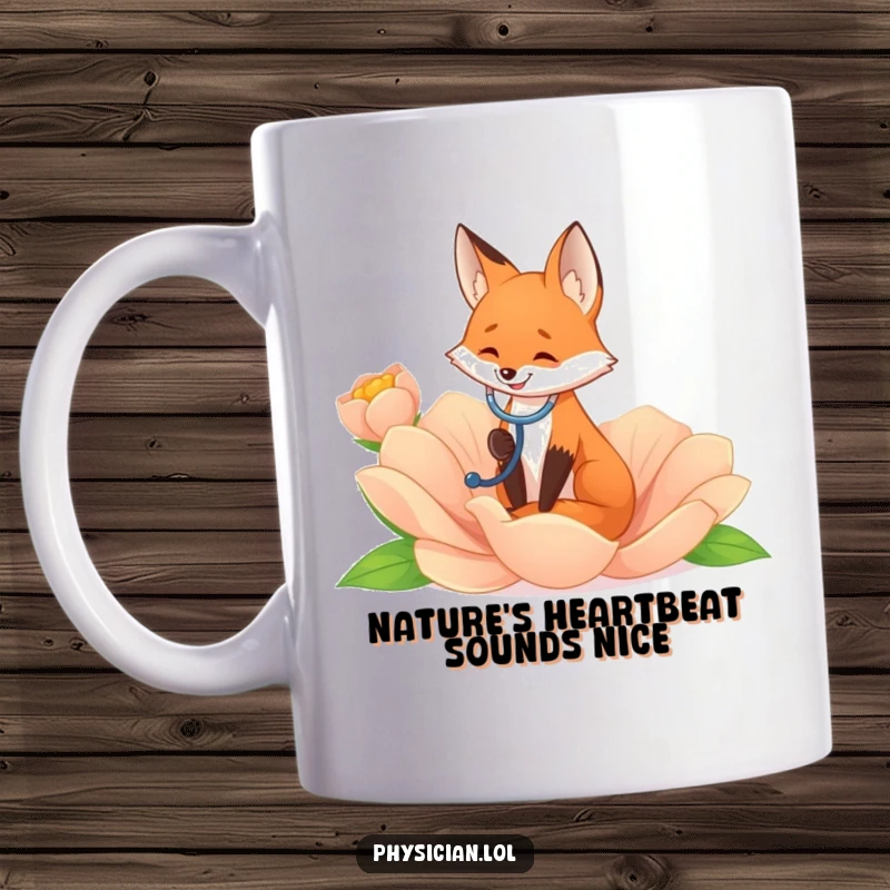 Funny smiling fox with a stethoscope on a giant flower, captured on a mug, portraying curiosity and nature.