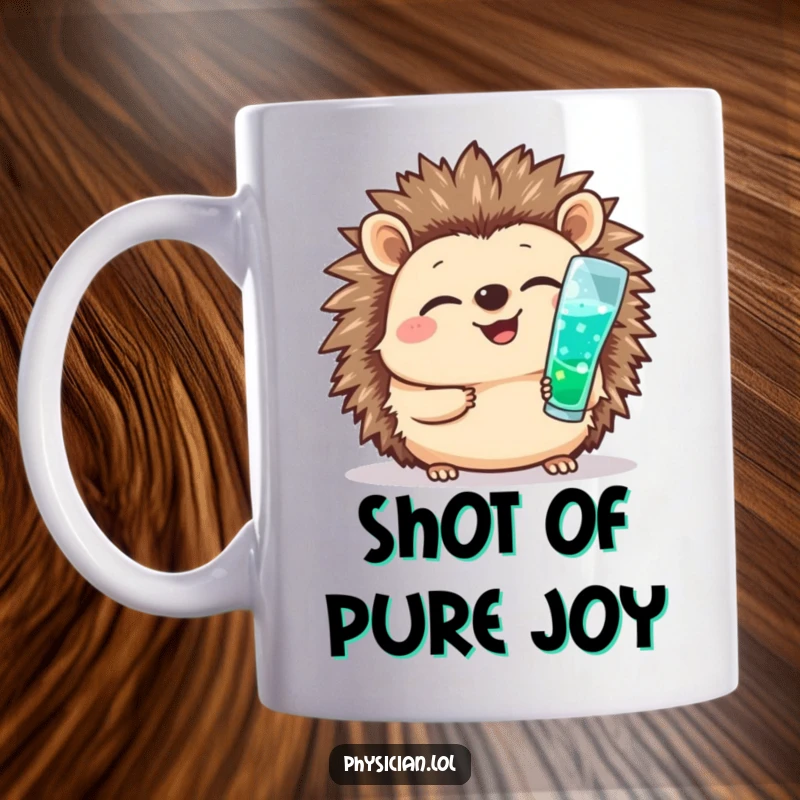 Funny mug with a giggling hedgehog dressed as a nurse, cheerfully administering a small shot with a determined smile.