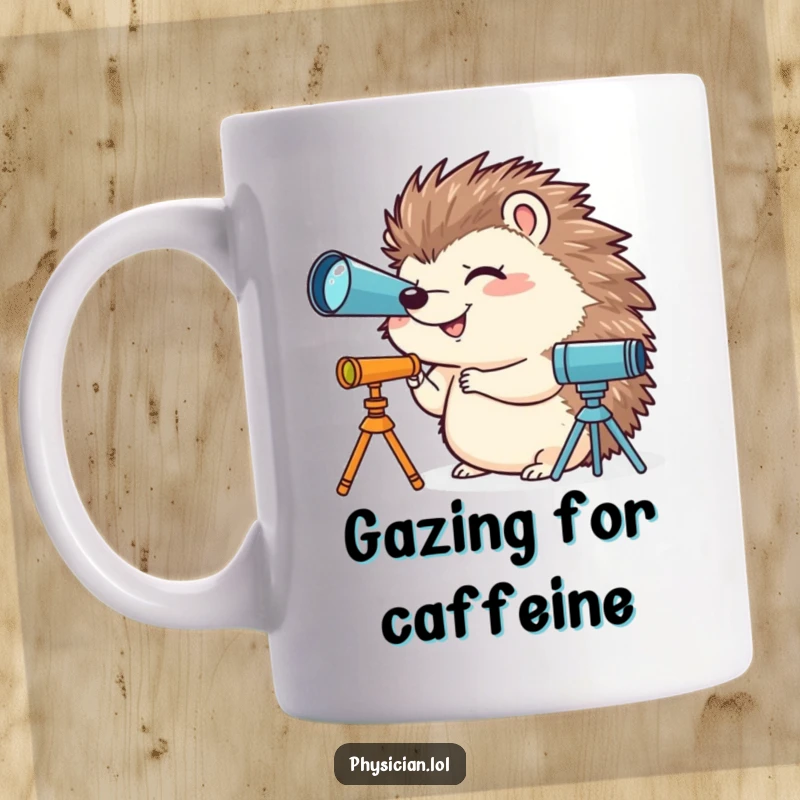 Funny mug showing a giggling hedgehog excitedly looking through a miniature telescope, suggesting curiosity and humorous exploration.