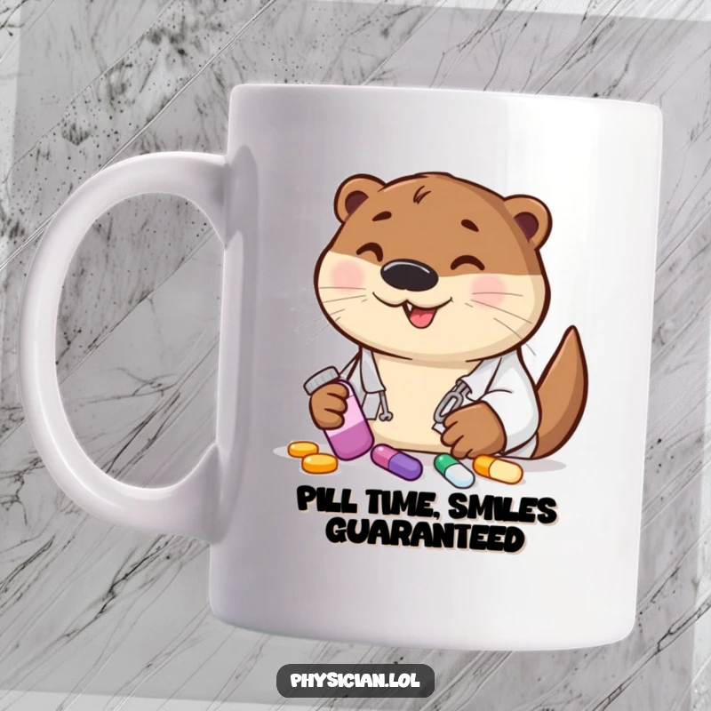 Funny otter doctor with colorful pills, prescribing joy with a big smile, a humorous mug for animal lovers.